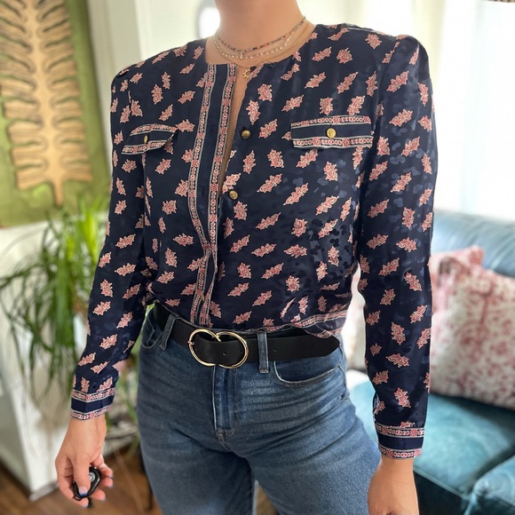 Vintage Tops - VTG Paisley Design Button Up Navy Jacket Top SZ 10